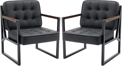 COLAMY Mid Century Modern Accent Chair Set of 2, Comfy Living Room Chair, Black Leather Accent Chair, Faux Leather Reception Armchair with Metal Legs for Living Room Bedroom Reception Office, Black — Black / Set of 2 (9)