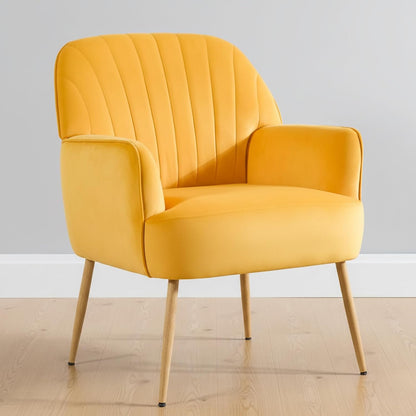 Velvet Accent Chair, Channel Tufted Shell Back Armchair, Ergonomic Upholstered Reading Chair with Wood Legs, Modern Single Sofa Chair for Living Room, Bedroom, Vanity (Gray) — Yellow