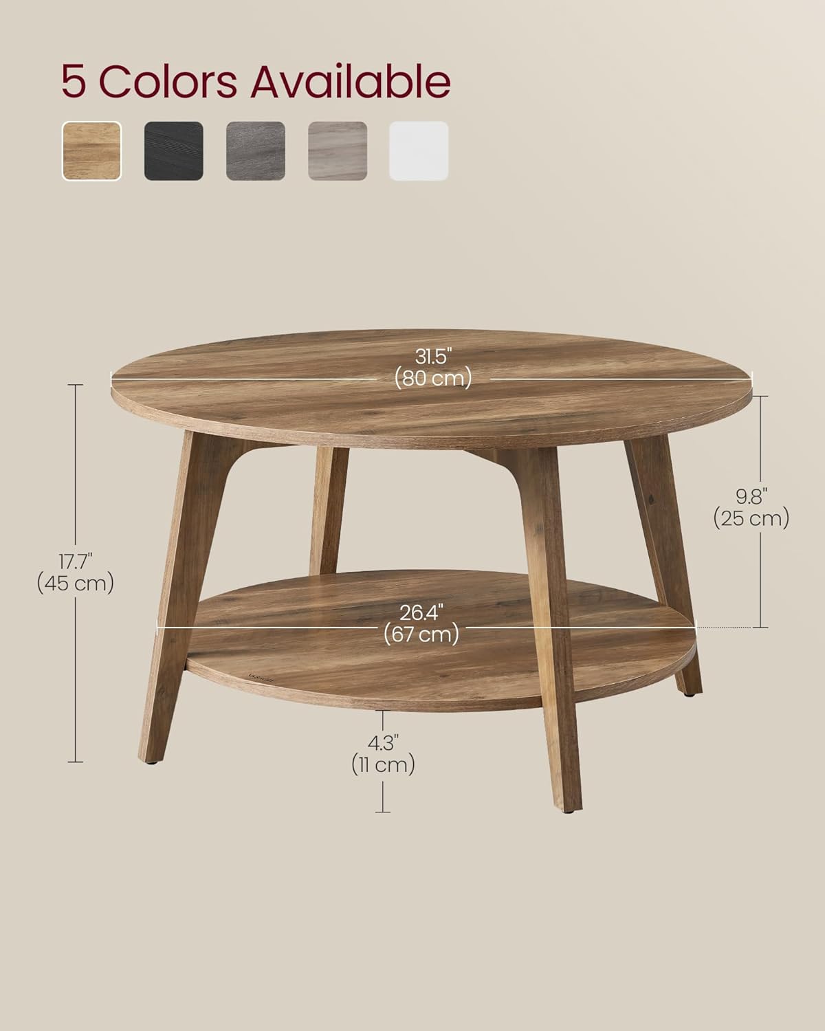 VASAGLE MAEZO Collection - Round Coffee Table, 2-Tier Center Table with Storage, Tapered Legs, Curved Transitions, 31.5 Dia. x 17.7 H Inches, Easy Assembly, for Living Room, Honey Brown ULCT243K41 — Honey Brown (3)