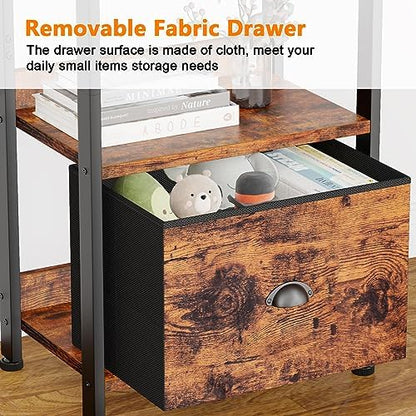 Furologee 5 Tier Bookshelf with Drawer, Tall Narrow Bookcase with Shelves, Wood and Metal Bookshelves Storage Organizer, Industrial Display Standing Shelf Unit for Bedroom, Living Room, Rustic Brown