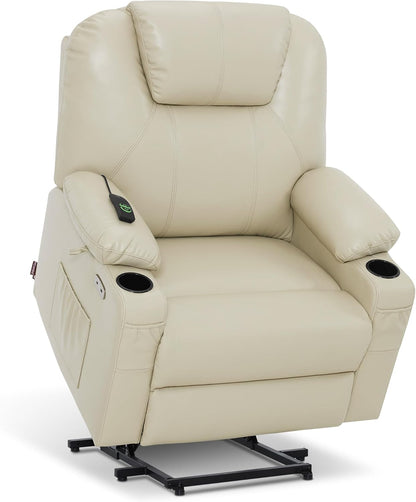 MCombo Electric Power Lift Recliner Chair Sofa with Massage and Heat for Elderly, 3 Positions, 2 Side Pockets, and Cup Holders, USB Ports, Faux Leather 7040 (Grey, Medium) — Medium-Wide / Cream White