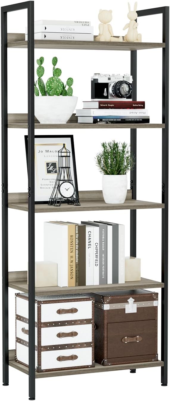 NUMENN Bookshelf, 5 Tier Bookshelves, Home Office Bookcase Shelf Storage Organizer, Free Standing Storage Shelving Unit for Bedroom, Living Room and Home Office, Vintage — 5 Tier(Wide) / Grey