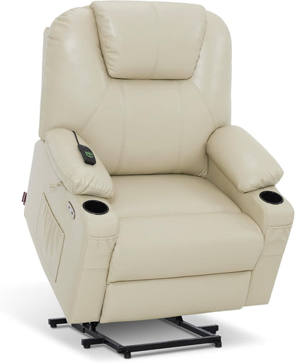 MCombo Electric Power Lift Recliner Chair Sofa with Massage and Heat for Elderly, 3 Positions, 2 Side Pockets, and Cup Holders, USB Ports, Faux Leather 7040 (Grey, Medium) — Large-Wide / Cream White