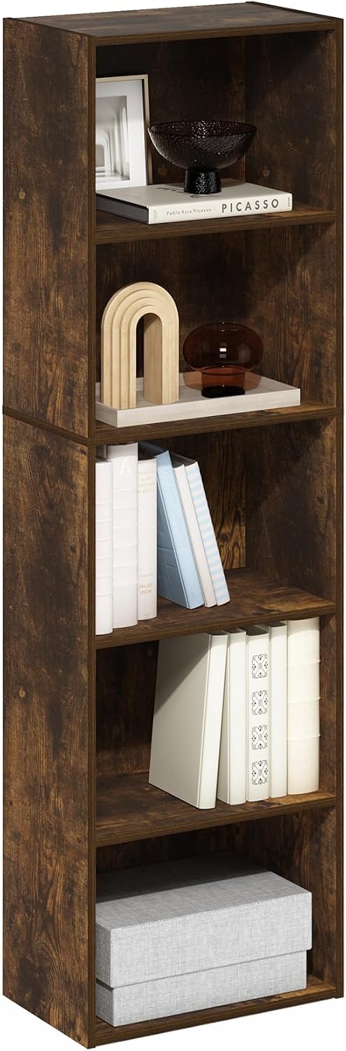Furinno LUDER Book Shelf, 5-Cube Bookshelf, Reversible Bookcase, 9.4 x 19.5 x 31.5, Easy Assembly, for Living Room, Bedroom, Home Office, White — Amber Pine / 5-Tier