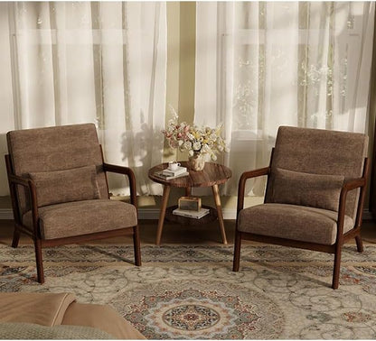 Garvee Mid-Century Chenille Accent Chair, Cozy Reading Chair, Modern Lounge Armchair with Lumbar Pillow, Solid Wood Frame, for Living Room, Bedroom, Office, Beige — Brown-chenille / 1 Pack