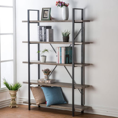 HSH White Bookshelf, 6 Tier Tall Bookcases for Bedroom Living Room Office | Industrial Modern Vertical Metal and Wood Bookcases, Farmhouse 6 Shelf Open Large Storage Book Shelves Display Book Shelf — 5-Tier / Light Grey Oak