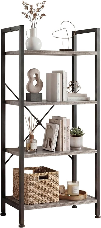 DUMOS 5-Tier Bookshelf, Modern Tall Bookcase Book Shelf | Open Storage Display Shelf for Living Room, Bedroom, Home Office, Narrow Standing Shelving Unit for Books, CDs, Décor Black — Grey / 4 Tier