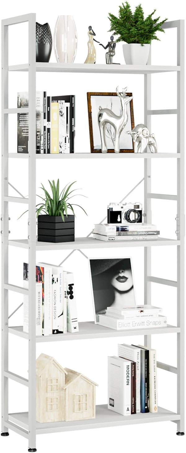 NUMENN 5 Tier Bookshelf, Tall Bookcase Shelf Storage Organizer, Modern Book Shelf for Bedroom, Living Room and Home Office, Vintage — 5 Tier / White
