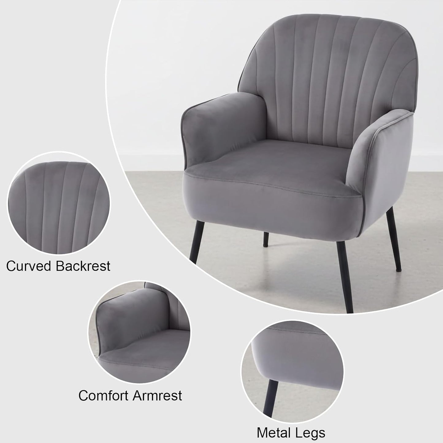 Velvet Accent Chair, Channel Tufted Shell Back Armchair, Ergonomic Upholstered Reading Chair with Wood Legs, Modern Single Sofa Chair for Living Room, Bedroom, Vanity (Gray) — Grey (7)