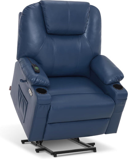 MCombo Electric Power Lift Recliner Chair Sofa with Massage and Heat for Elderly, 3 Positions, 2 Side Pockets, and Cup Holders, USB Ports, Faux Leather 7040 (Grey, Medium) — Large-Wide / Blue