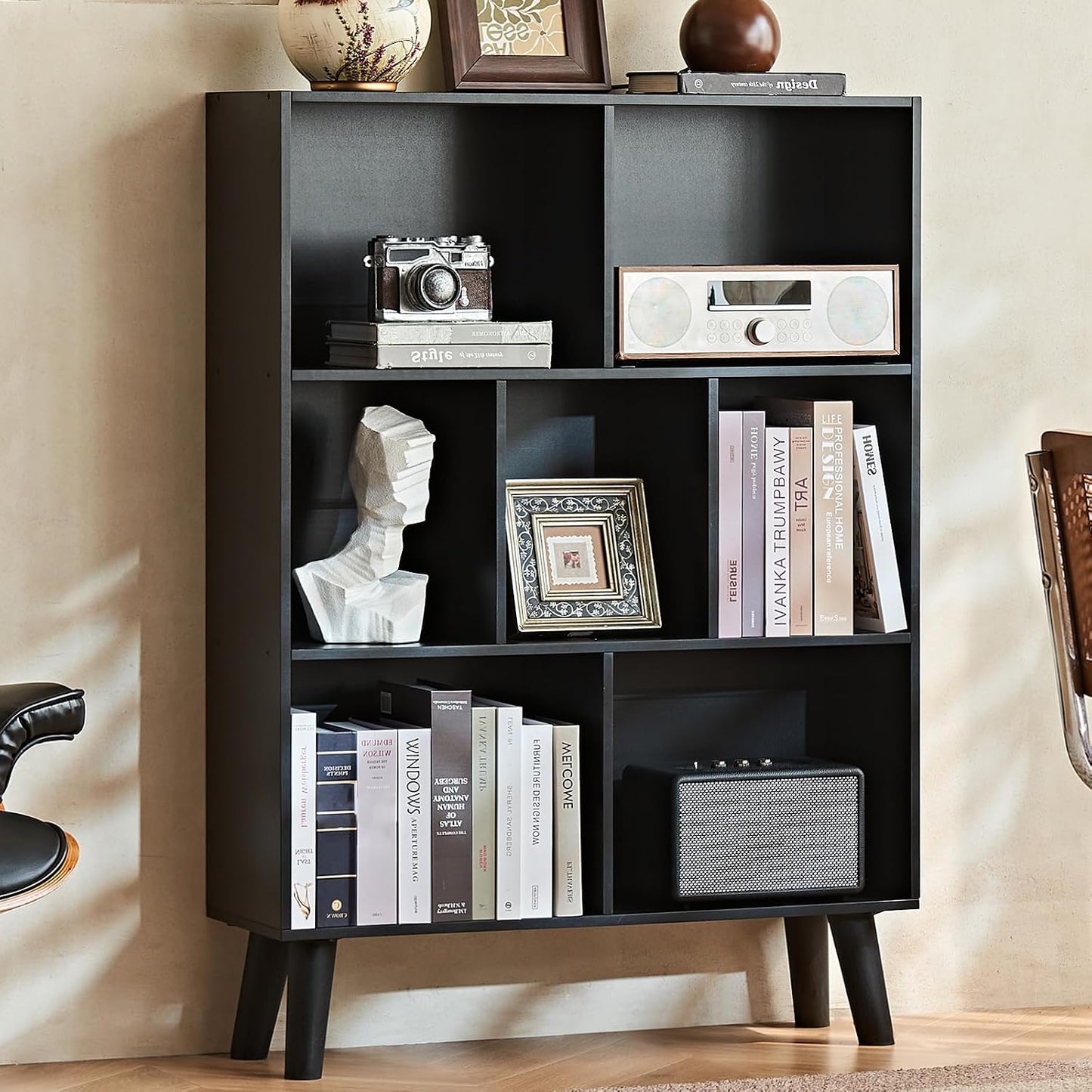 LEYAOYAO Cube Bookshelf 3 Tier Mid-Century Rustic Brown Modern Bookcase with Legs,Retro Wood Bookshelves Storage Organizer Shelf,Freestanding Open Book Shelves for Bedroom,Living Room,Office — Black / 7 Cube with Legs