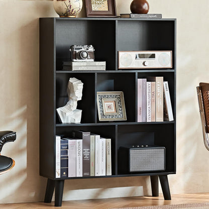 LEYAOYAO Cube Bookshelf 3 Tier Mid-Century Rustic Brown Modern Bookcase with Legs,Retro Wood Bookshelves Storage Organizer Shelf,Freestanding Open Book Shelves for Bedroom,Living Room,Office — Black / 7 Cube with Legs