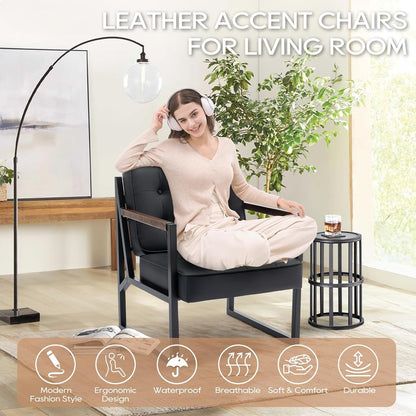 COLAMY Mid Century Modern Accent Chair Set of 2, Comfy Living Room Chair, Black Leather Accent Chair, Faux Leather Reception Armchair with Metal Legs for Living Room Bedroom Reception Office, Black — Black / Set of 2 (5)