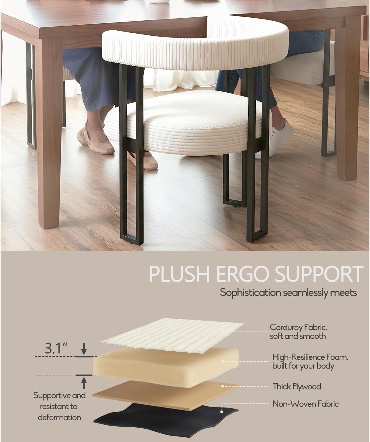 VIRRMO Boucle Dining Chair Set of 4 Corduroy Upholstered Dining Room Chairs Kitchen Chairs with Metal Legs Mid Century Modern Chair for Dining Room, Kitchen (Cream, 4) — Cream / 4 (6)