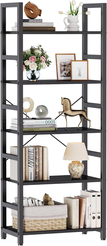 DUMOS 5-Tier Bookshelf, Modern Tall Bookcase Book Shelf | Open Storage Display Shelf for Living Room, Bedroom, Home Office, Narrow Standing Shelving Unit for Books, CDs, Décor Black — Modern Black / 5 Tier