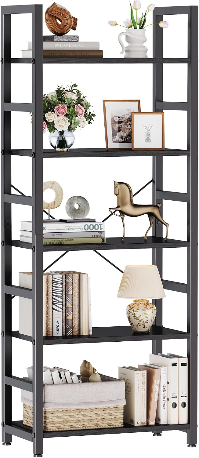 DUMOS 5 Tiers Bookshelf, Classical Modern Book Shelf, Tall Display Shelves in Living Room/Home/Office, Storage Organizer for CDs/Books/Movies, Rustic Brown | Tall Display Shelves in Living Room/Home/Office, Storage Organizer for CDs/Books/Movies, Rustic B