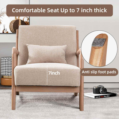 INZOY Mid Century Modern Accent Chair with Wood Frame, Upholstered Living Room Chairs with Waist Cushion, Reading Armchair for Bedroom Sunroom (Beige) — Beige / Classic (5)