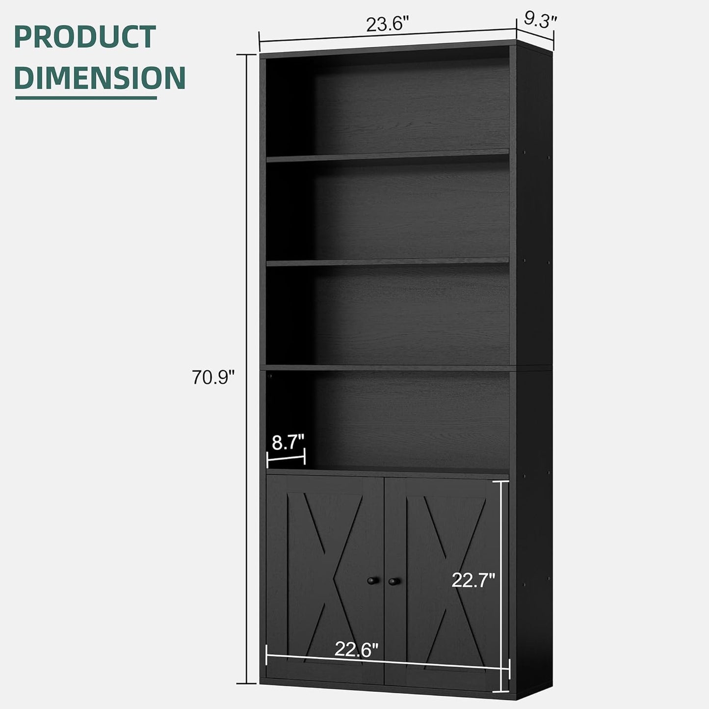 Shintenchi Bookshelf, Industrial Bookshelves and Bookcases with Doors Floor Standing 6 Shelf Display Storage Shelves 70.9 inches Tall Bookcase for Home Office, Living Room (Black) — Black (3)