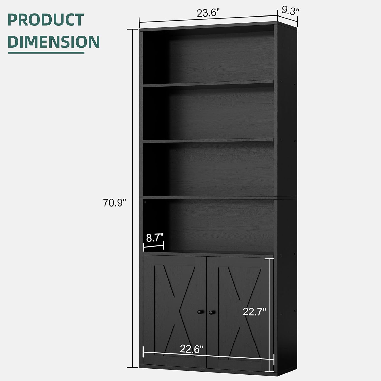 Shintenchi Bookshelf, Industrial Bookshelves and Bookcases with Doors Floor Standing 6 Shelf Display Storage Shelves 70.9 inches Tall Bookcase for Home Office, Living Room (Black) — Black (3)
