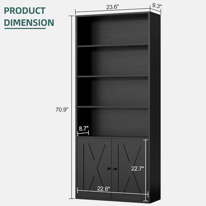 Shintenchi Bookshelf, Industrial Bookshelves and Bookcases with Doors Floor Standing 6 Shelf Display Storage Shelves 70.9 inches Tall Bookcase for Home Office, Living Room (Black) — Black (3)