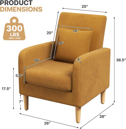 Magshion Accent Chair for Living Room, Comfy Mid-Century Reading Chair for Bedroom, Upholstered Linen Fabric Armchair Single Sofa with Back Pillow & Wood Legs, 300 lbs Capacity, Yellow — Yellow (2)