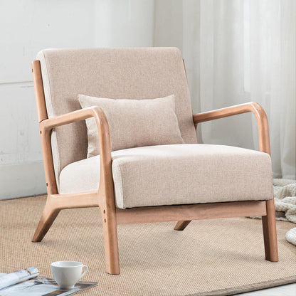 INZOY Mid Century Modern Accent Chair with Wood Frame, Upholstered Living Room Chairs with Waist Cushion, Reading Armchair for Bedroom Sunroom (Beige) — Beige / Classic