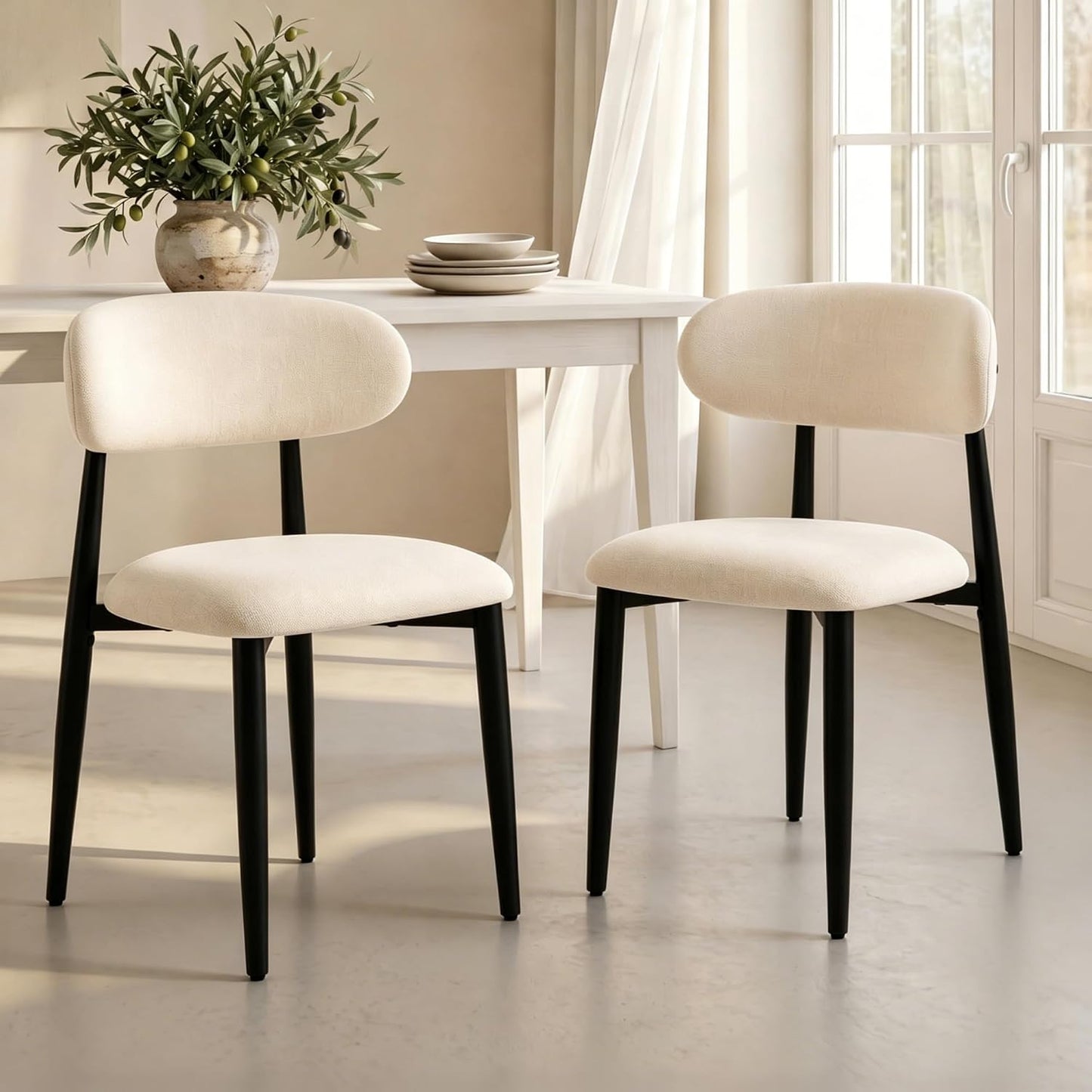 UVV Dining Chairs Set of 4, Metal Kitchen Chairs with Modern Fabric Upholstered for Dining Room, Beige — Beige Seat / Black Legs / 2