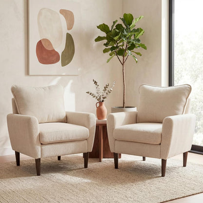 OLIXIS Comfy Accent Chair for Living Room Bedroom and Waiting Room, Upholstered Mid-Century Reading Chair with Pillow and Solid Wood Legs, Wide Singe Modern Lounge Sofa Beige, 2 Pack — Ivory White / 2 (6)