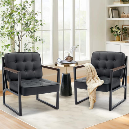 COLAMY Mid Century Modern Accent Chair Set of 2, Comfy Living Room Chair, Black Leather Accent Chair, Faux Leather Reception Armchair with Metal Legs for Living Room Bedroom Reception Office, Black — Black / Set of 2