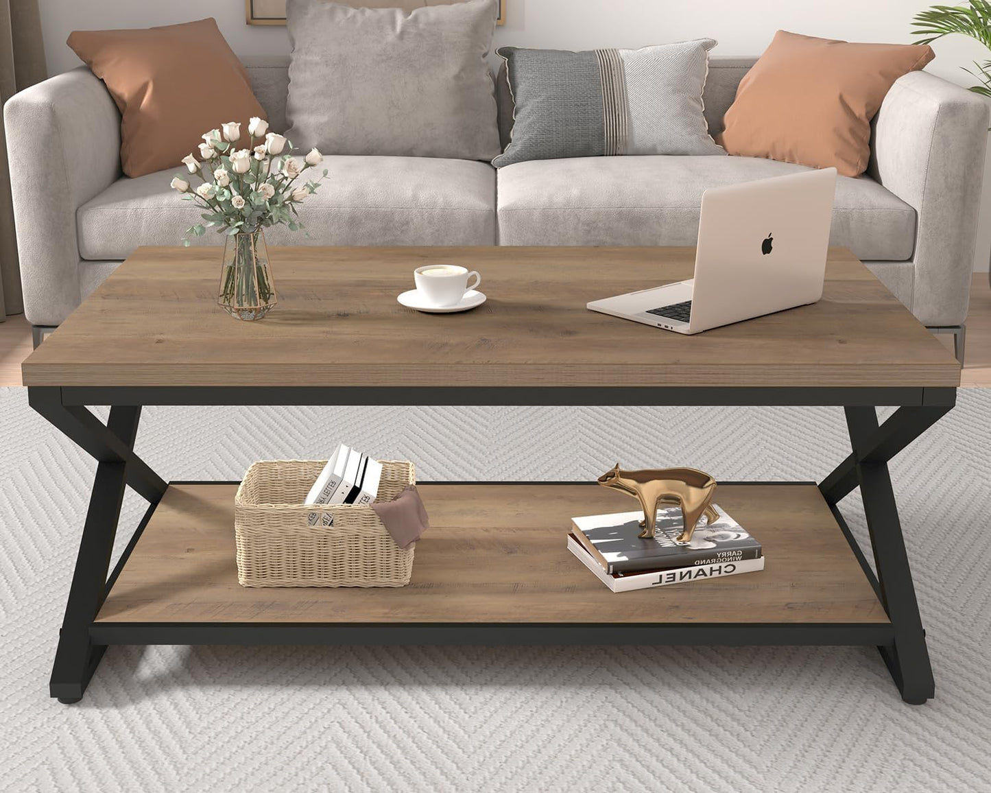 HSH Rustic Farmhouse Coffee Table, Modern Minimalist Wood and Metal Living Room Table, 2 Tie Rectangle Center Table with Storage & Display Shelf, Simple Office Cocktail Tea Table, Rustic Oak, 39 Inch — 39 Inch / Rustic Oak (4)