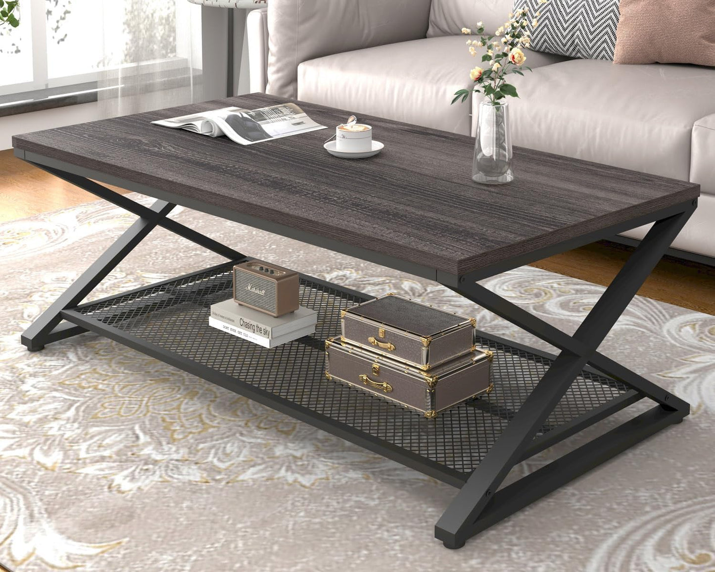 LVB Coffee Table for Living Room, 2 Tier Tea Table, 47 inch, Rustic Brown | Industrial Metal Wood Coffee Table with Storage, Farmhouse Wooden Rectangle Center Table with Mesh Shelf for Office Bedroom — Dark Gray Oak / 47 inch