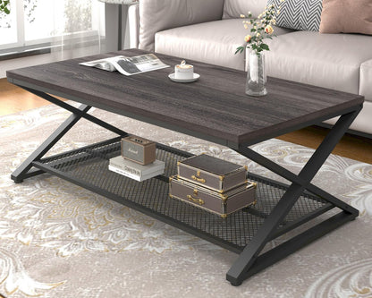 LVB Coffee Table for Living Room, 2 Tier Tea Table, 47 inch, Rustic Brown | Industrial Metal Wood Coffee Table with Storage, Farmhouse Wooden Rectangle Center Table with Mesh Shelf for Office Bedroom — Dark Gray Oak / 47 inch