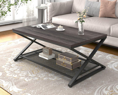 LVB Coffee Table for Living Room, 2 Tier Tea Table, 47 inch, Rustic Brown | Industrial Metal Wood Coffee Table with Storage, Farmhouse Wooden Rectangle Center Table with Mesh Shelf for Office Bedroom
