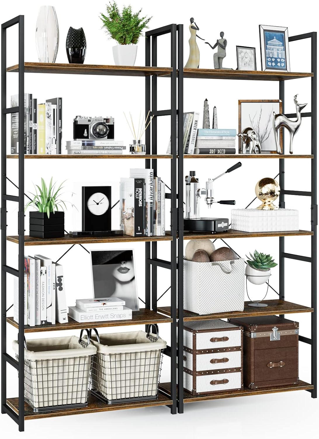 NUMENN 5 Tier Bookshelf, Tall Bookcase Shelf Storage Organizer, Modern Book Shelf for Bedroom, Living Room and Home Office, Vintage — 5 Tier-2pcs / Vintage