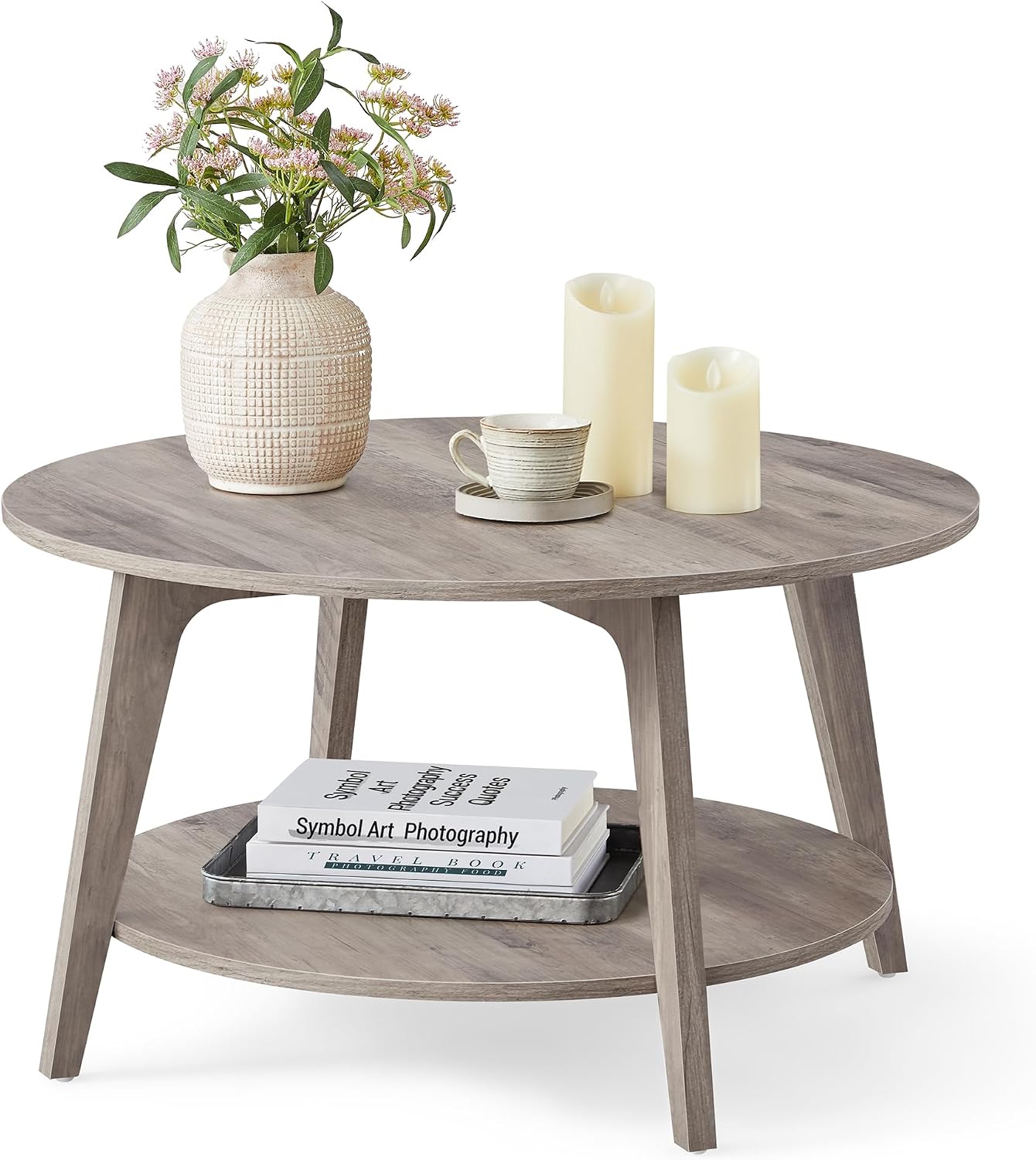 VASAGLE MAEZO Collection - Round Coffee Table, 2-Tier Center Table with Storage, Tapered Legs, Curved Transitions, 31.5 Dia. x 17.7 H Inches, Easy Assembly, for Living Room, Honey Brown ULCT243K41 — Heather Greige