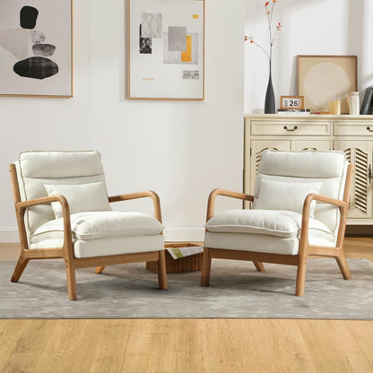 INZOY Mid Century Modern Accent Chair with Wood Frame, Upholstered Living Room Chairs with Waist Cushion, Reading Armchair for Bedroom Sunroom (Beige) — White2 / Classic