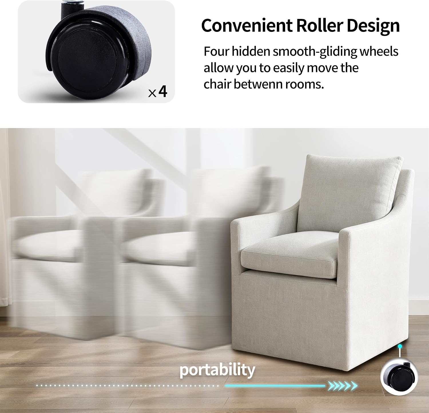 DUHOME Upholstered Dining Chair Set of 2 360 Swivel Linen Accent Armchair | Pre-Assembled Modern Rolling Armchair with Silent Casters, Beige Linen Accent Chair for Dining Room Living Room Bedroom — Beige / 2PCS (5)
