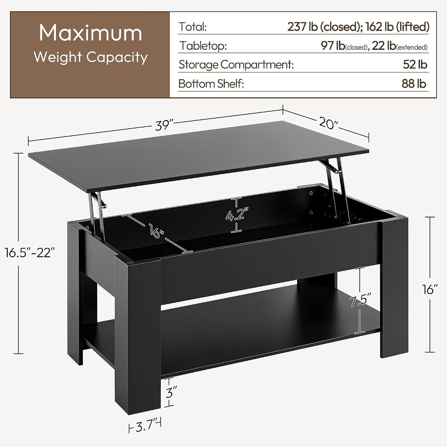 Yaheetech Wooden Coffee Table, Lift Top Coffee Table with Large Hidden Storage Shelf, Lift Tabletop Dining Tables for Living Room, Home Small Space, 38.6in, Black — Black / 38.6 inches (3)