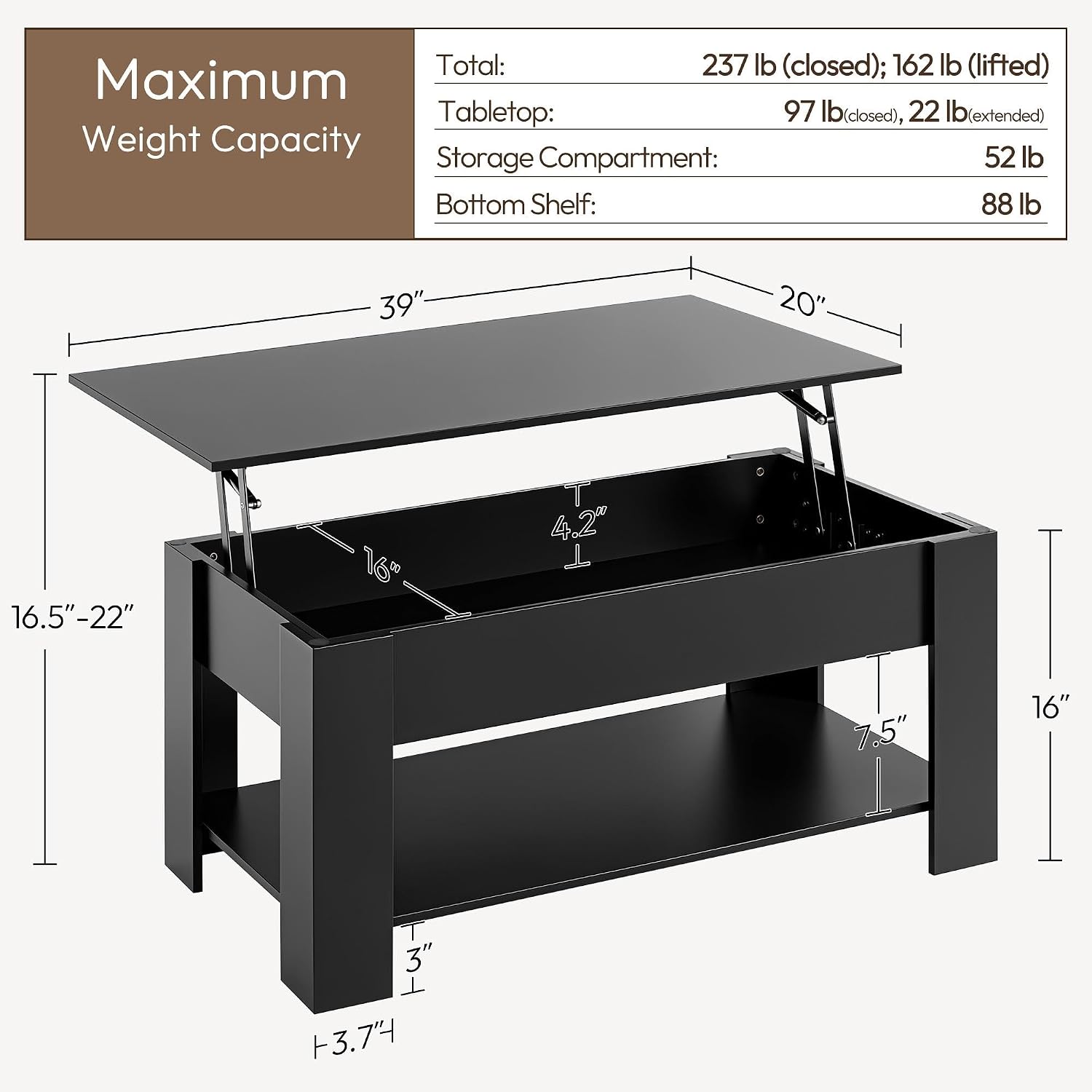 Yaheetech Wooden Coffee Table, Lift Top Coffee Table with Large Hidden Storage Shelf, Lift Tabletop Dining Tables for Living Room, Home Small Space, 38.6in, Black — Black / 38.6 inches (3)