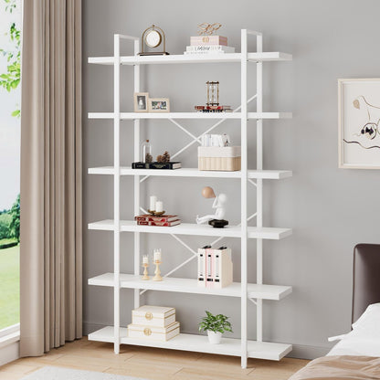 HSH White Bookshelf, 6 Tier Tall Bookcases for Bedroom Living Room Office | Industrial Modern Vertical Metal and Wood Bookcases, Farmhouse 6 Shelf Open Large Storage Book Shelves Display Book Shelf — 6-Tier / White Oak (3)