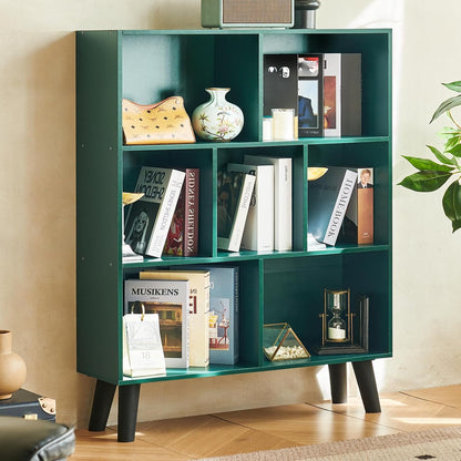 LEYAOYAO Cube Bookshelf 3 Tier Mid-Century Rustic Brown Modern Bookcase with Legs,Retro Wood Bookshelves Storage Organizer Shelf,Freestanding Open Book Shelves for Bedroom,Living Room,Office — Dark Green / 7 Cube with Legs