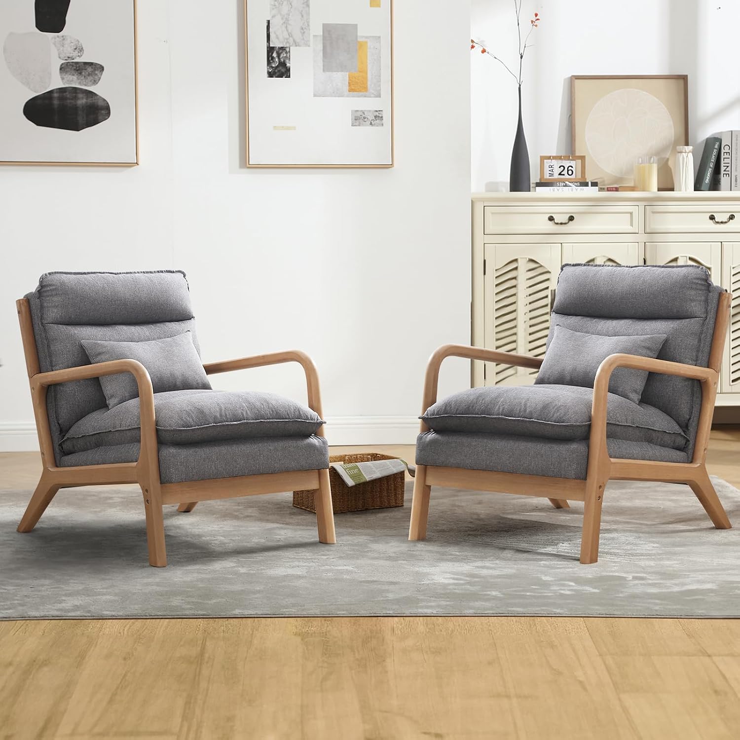 INZOY Mid Century Modern Accent Chair with Wood Frame, Upholstered Living Room Chairs with Waist Cushion, Reading Armchair for Bedroom Sunroom (Beige) — Grey 2 / Classic