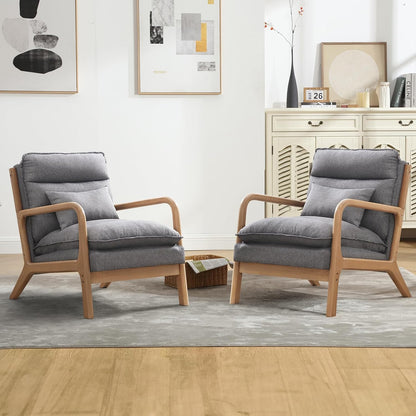 INZOY Mid Century Modern Accent Chair with Wood Frame, Upholstered Living Room Chairs with Waist Cushion, Reading Armchair for Bedroom Sunroom (Beige) — Grey 2 / Classic