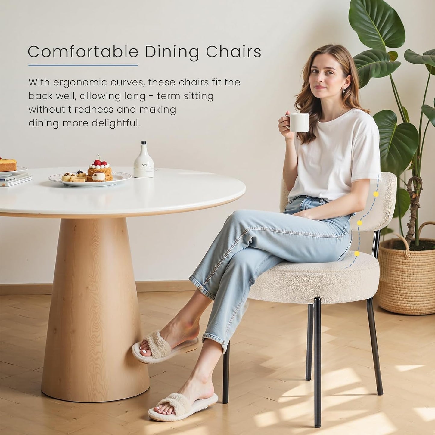 DUMOS Dining Chairs Set of 2, Mid Century Modern Chair Round Upholstered Curved Backrest, Kitchen Vanity Living Room Chairs with Black Metal Legs，Ivory White — Ivory White / Set of 2 (3)