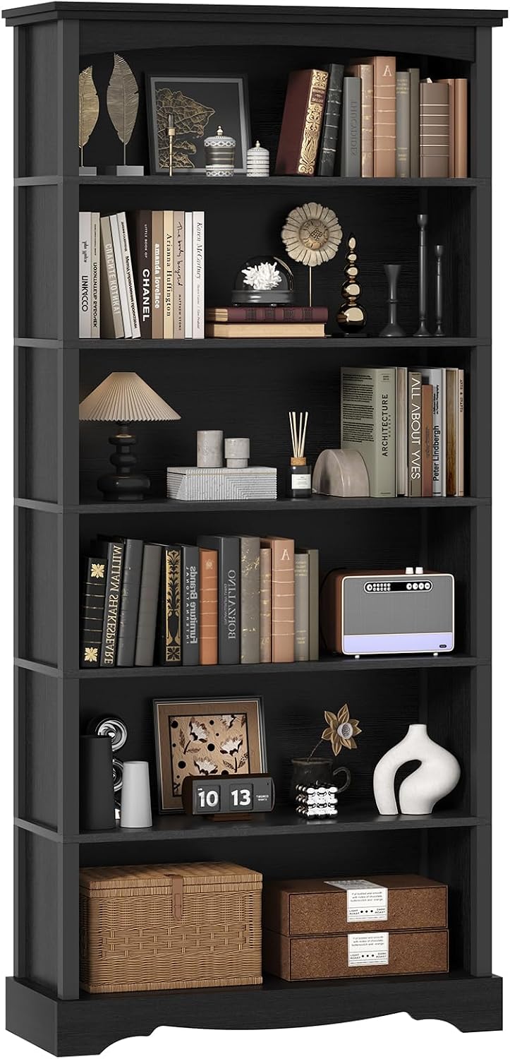TVU 5-Tier Wooden Bookshelf, 31.5" W x 65" H ×9.9" D Bookshelf with Storage, Floor Standing Modern Style Display Bookcase for Living Room, Office, Study Room, Entryway, Brown — Black / 6 Tier