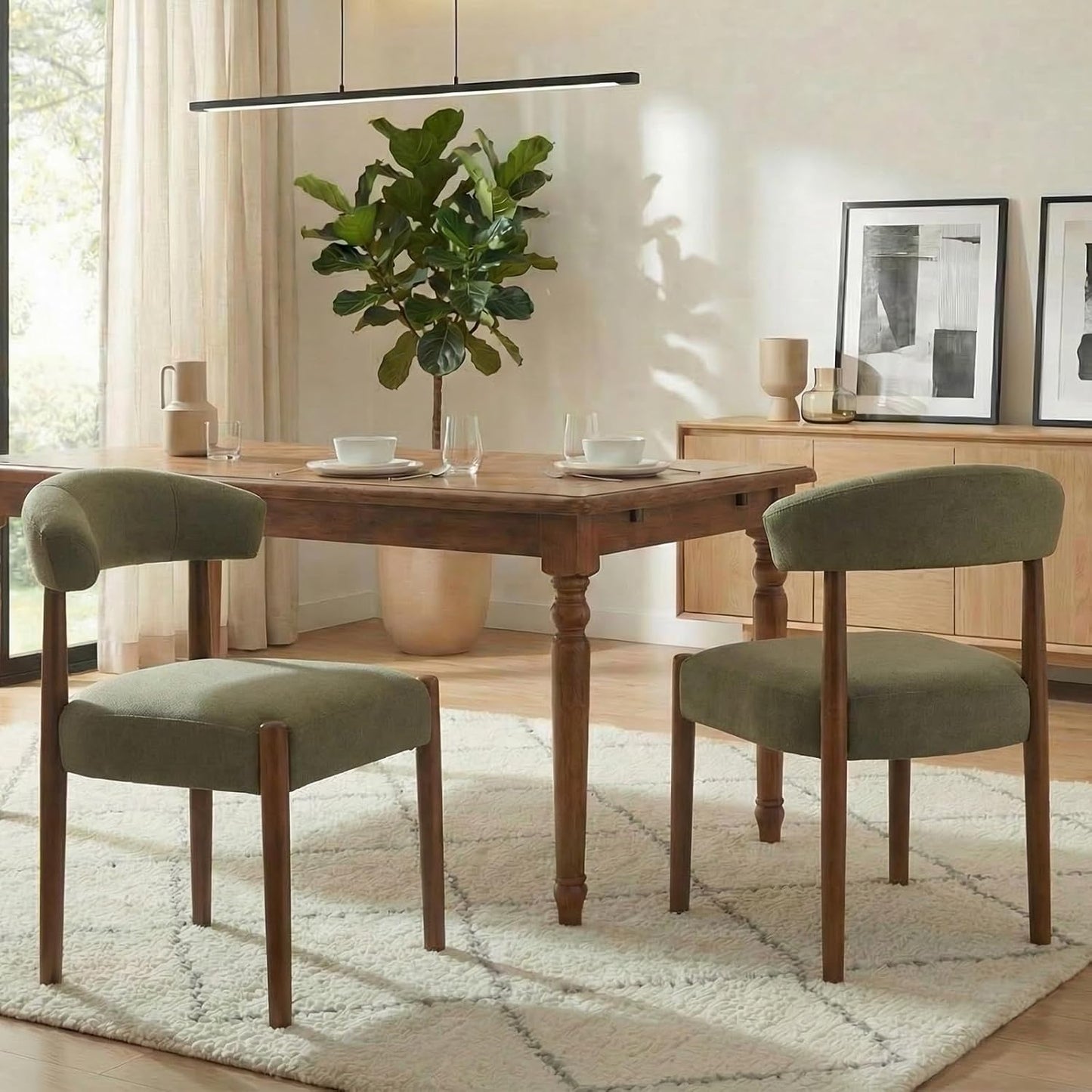 VKNOW Wooden Dining Chairs Set of 4, Modern Upholstered Dining Room Chairs with Walnut Wood Legs and Curved Backrest, Fabric Kitchen Chairs for Farmhouse/Living Room/Dining Room, Green — Set of 2 / Green