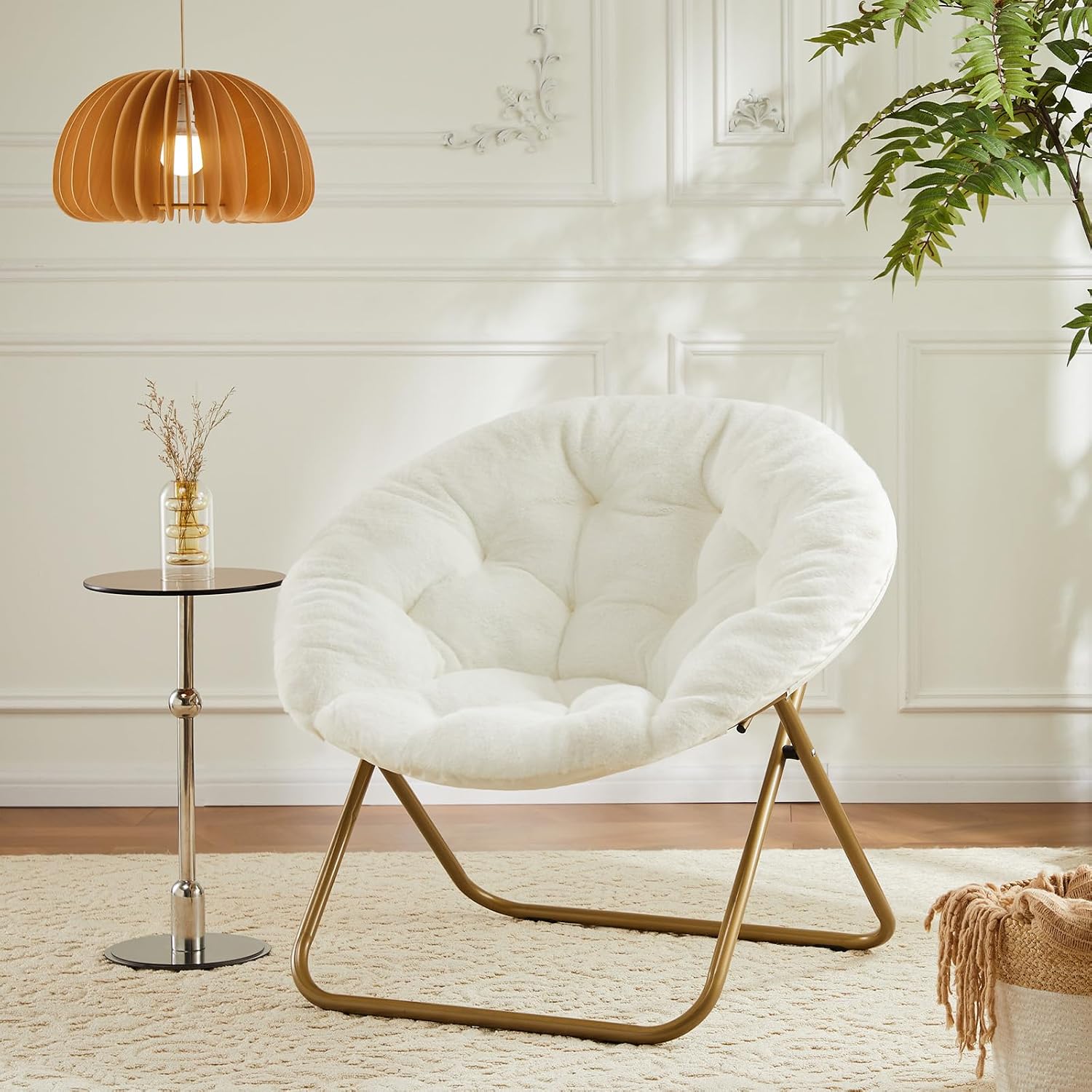 DUMOS Comfy Saucer Chair, Faux Fur Lounge Seasting XL Circle Chair for Bedroom, Dorm & Gaming, Foldable Fashion Accent Seat for Small Spaces, Folding Moon/Mushroom/Round Oversized Style,White — White-faux Fur / Round-36 Inches (9)