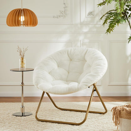 DUMOS Comfy Saucer Chair, Faux Fur Lounge Seasting XL Circle Chair for Bedroom, Dorm & Gaming, Foldable Fashion Accent Seat for Small Spaces, Folding Moon/Mushroom/Round Oversized Style,White — White-faux Fur / Round-36 Inches (9)