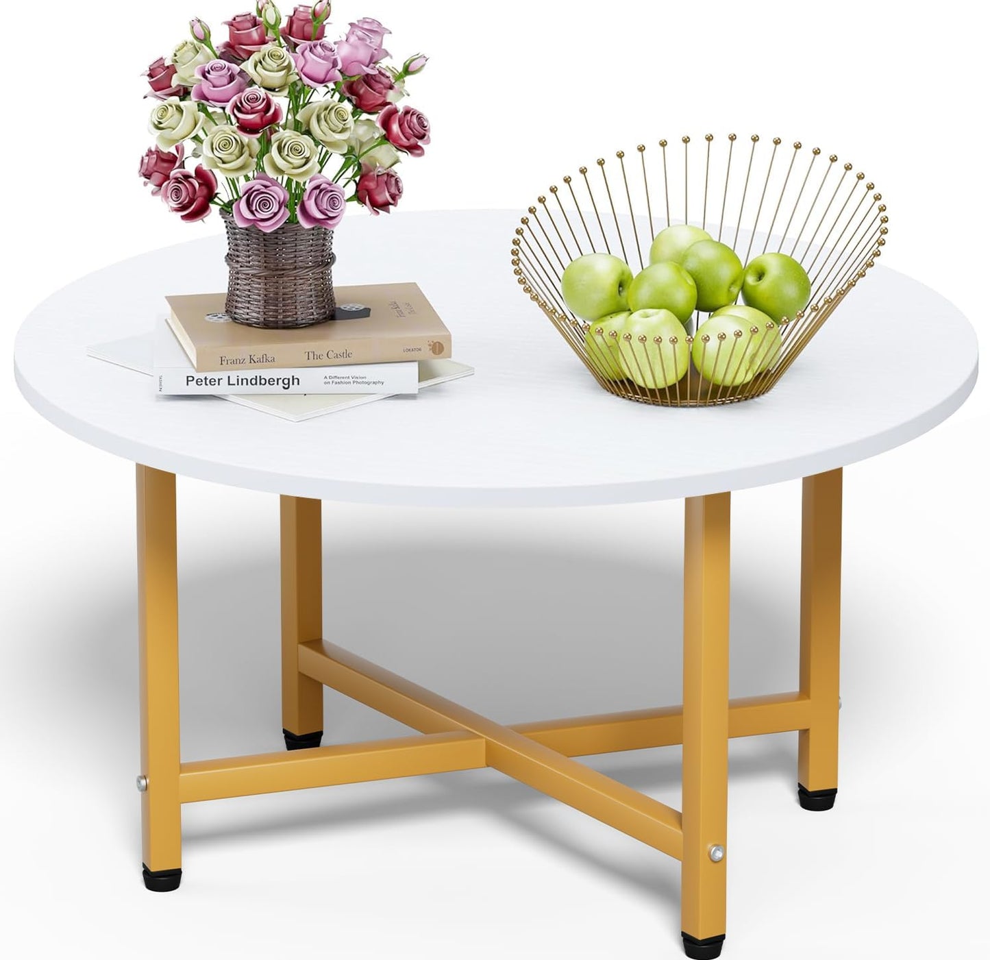 FAMIDGE Coffee Table, 23.6" Coffee Tables for Living Room, Round Coffee Table with Metal Frame, Floor Table for Sitting on The Floor, Home, Office, Black — Gold Legs & White / 1 Tier
