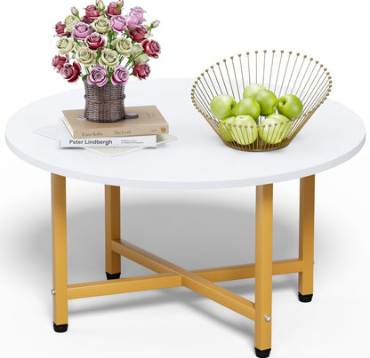 FAMIDGE Coffee Table, 23.6" Coffee Tables for Living Room, Round Coffee Table with Metal Frame, Floor Table for Sitting on The Floor, Home, Office, Black — Gold Legs & White / 1 Tier